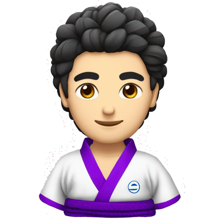 un baiat scurt frezar in kimono bjj cu ochi caprui de 25 ani cu centura albsstra emoji