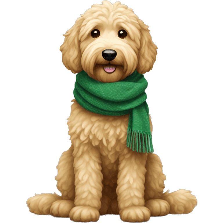 Golden doodle wearing  gree scarf emoji