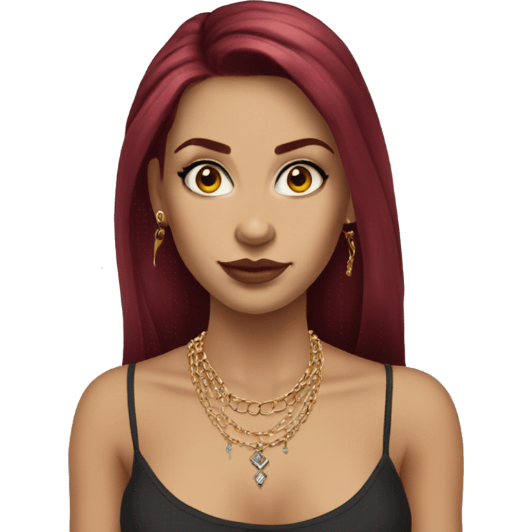 White European girl with long burgundy hair, long eyelashes and has tattoos. She is wearing a crop top shirt and gold chain necklace and diamond earrings  emoji