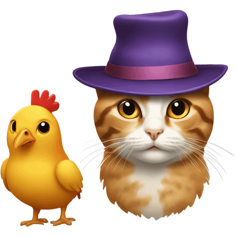 Cat and a chicken with matching hats emoji