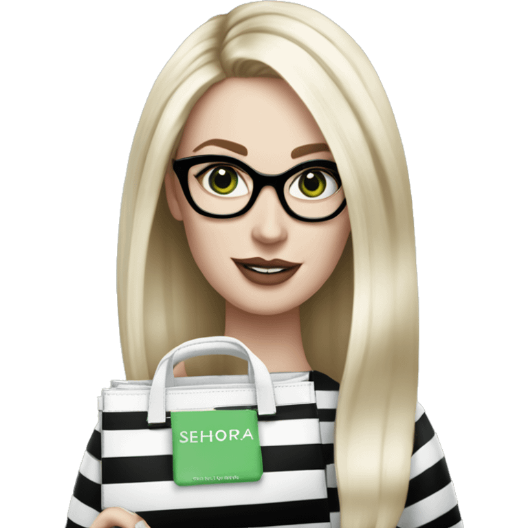 Platinum blonde medium length straight hair woman pale skin green eyes glasses holding a black and white striped Sephora bag emoji