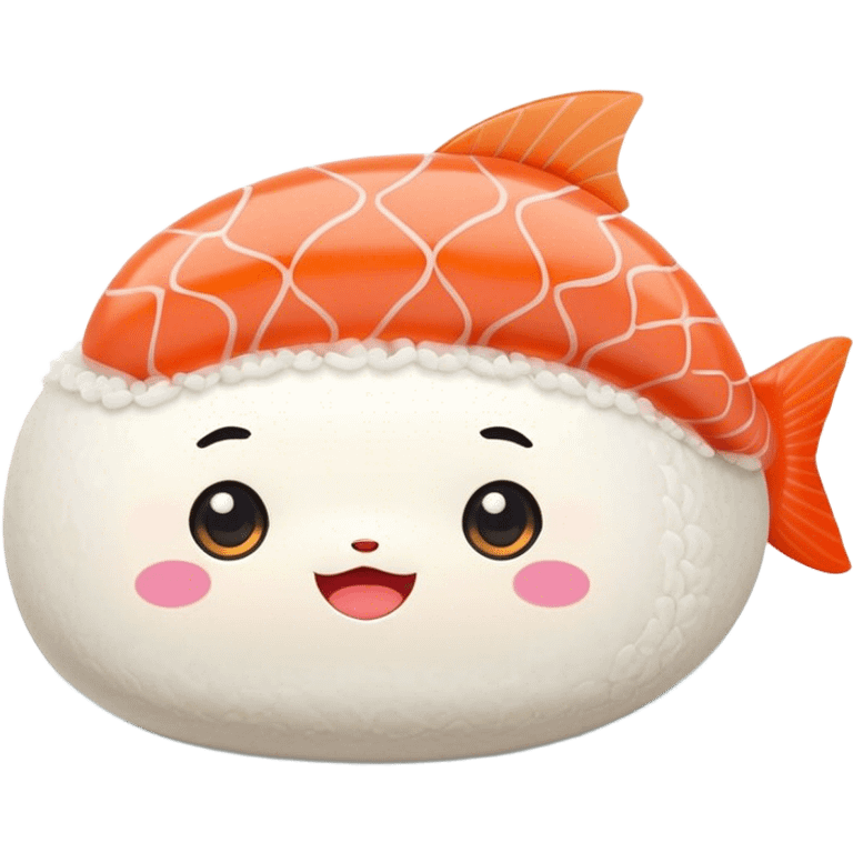 Cute Kawaii Nigiri Sushi, plump and happy, a soft white rice pillow topped with bright orange salmon, tiny blushing cheeks, big round eyes, a joyful floating expression! emoji