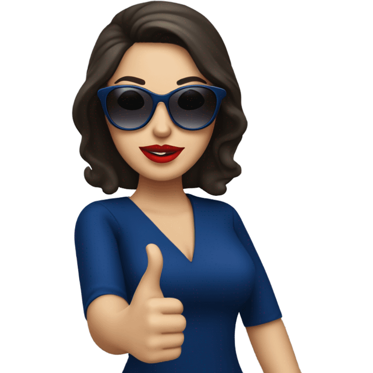 
brunette in dark blue sunglasses, with red lips and in a dark blue dress shows a thumbs up emoji