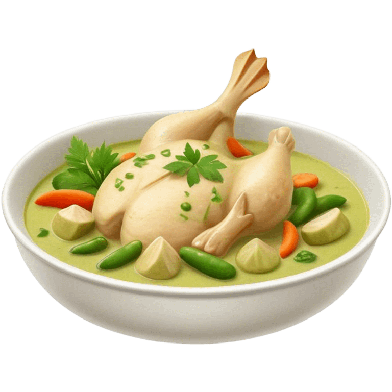 Cinematic Realistic Green Chicken Curry Dish Emoji, depicted with tender chicken simmered in a fragrant green curry sauce with vegetables rendered with rich textures and dynamic, vibrant lighting. emoji