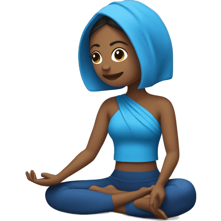 Mujer meditando en una manta de pilates azul rey, con los brazos cruzados y audifonos cascos negros emoji