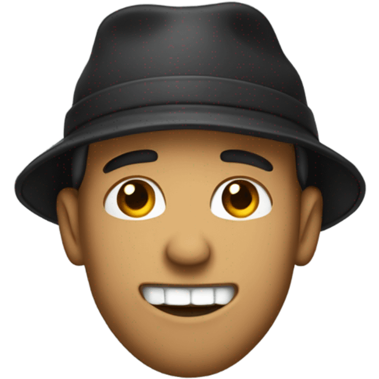 Guy in general emoji style biting lip with teeth showing hand curled under chin with a backwards hat emoji