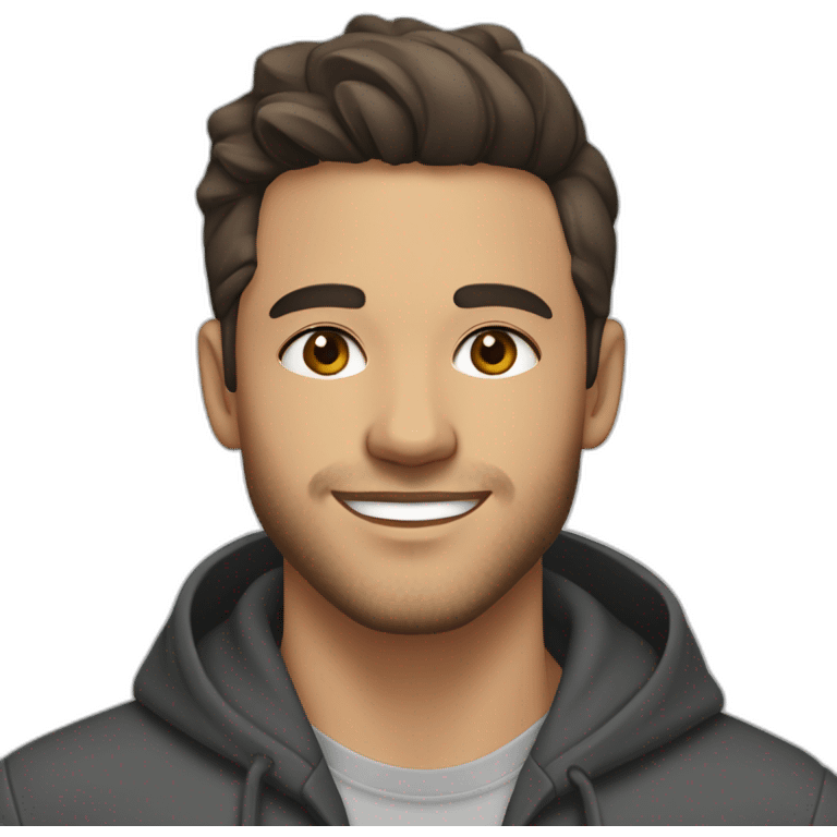 young man with short beard smiling medium long curvy rockabilly style brown hair with light skin and dark brown eyes wearing dark gray hoodie emoji