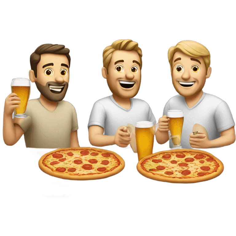 Three Caucasian dudes eating pizza and drinking beer in manhatten emoji