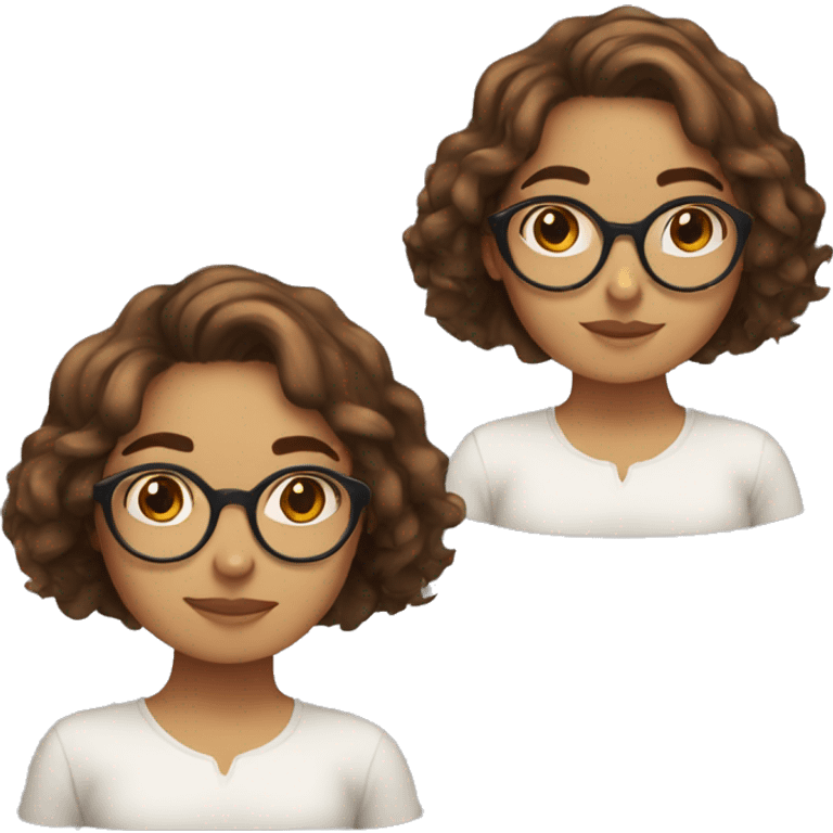 Girl with wavy hair, red cheeks, brown rounded glasses, oval face, round nose and freckles,  emoji