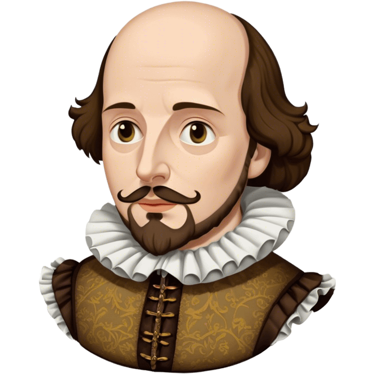 Cinematic Realistic portrait of William Shakespeare, depicted as an iconic playwright in richly detailed Elizabethan attire with a ruffled collar, expressive eyes, and a thoughtful gaze, bathed in dramatic historical lighting that evokes the Bard’s timeless legacy emoji