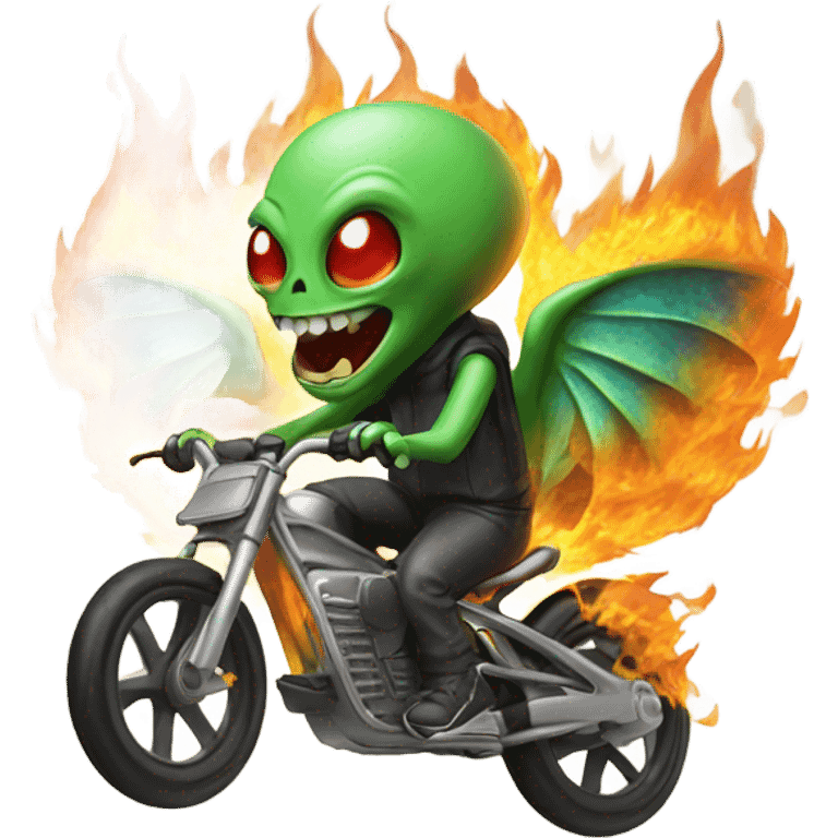 Alien with wings on a bike that’s on fire  emoji