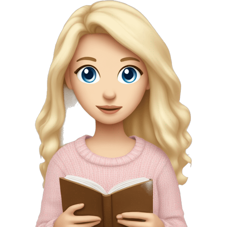 Pretty blue eyed white girl with light pink sweater reading cozy emoji