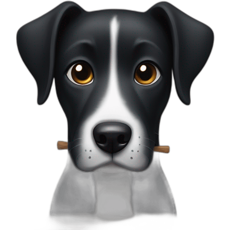 black dog with white chin and chest and stick in mouth emoji