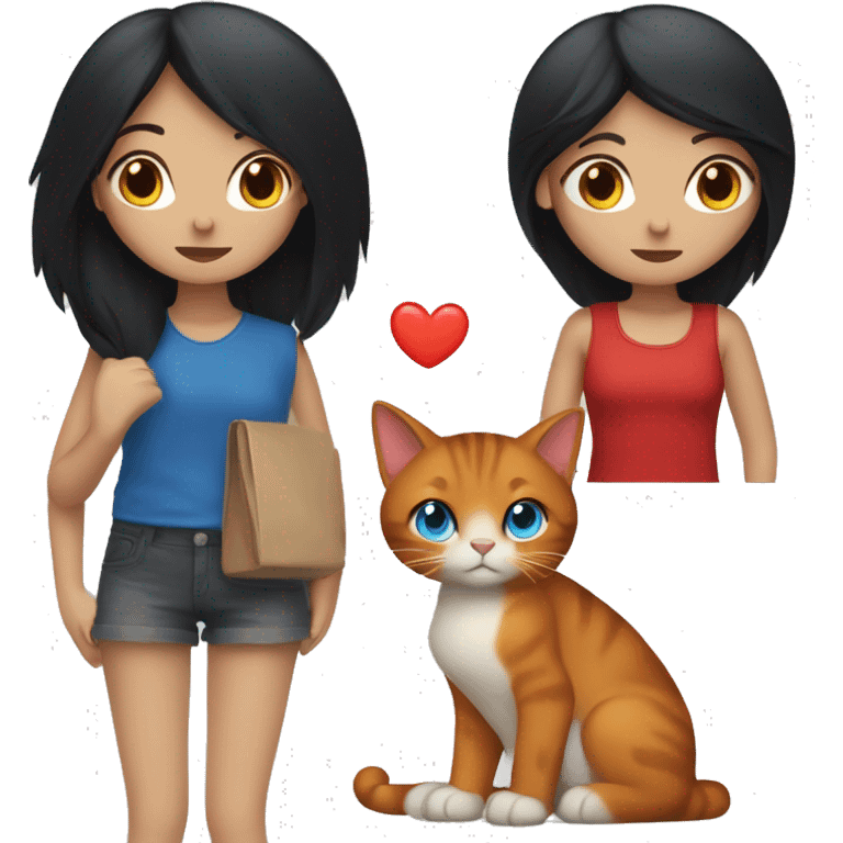 a girl with long, straight black hair and blue eyes with a red cat emoji