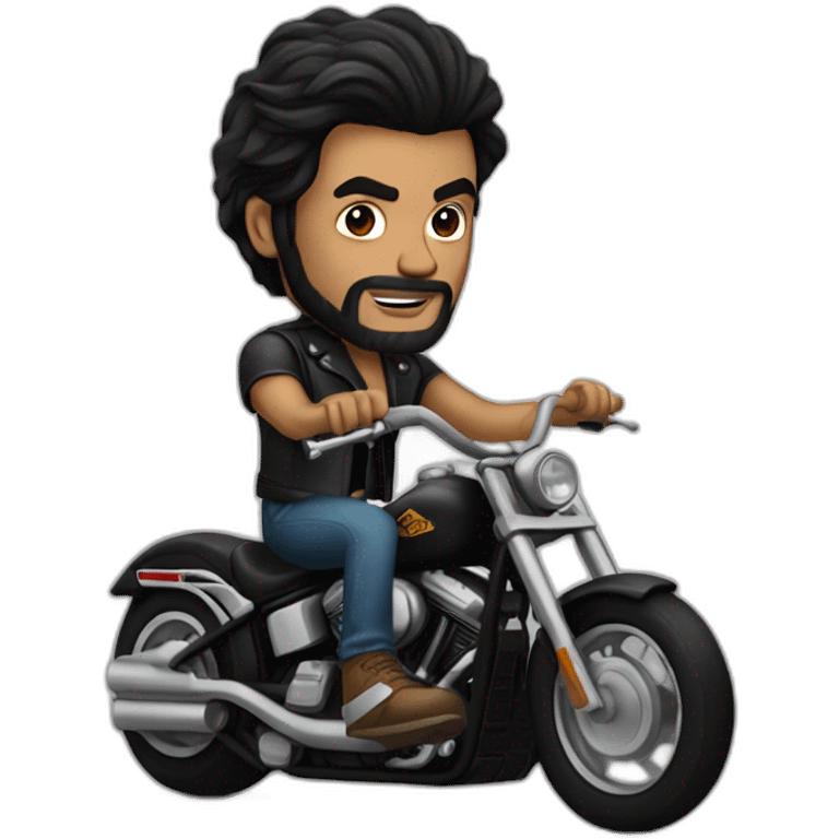 A  long black haired man with a lots of tattoos riding a Harley motorcycle emoji