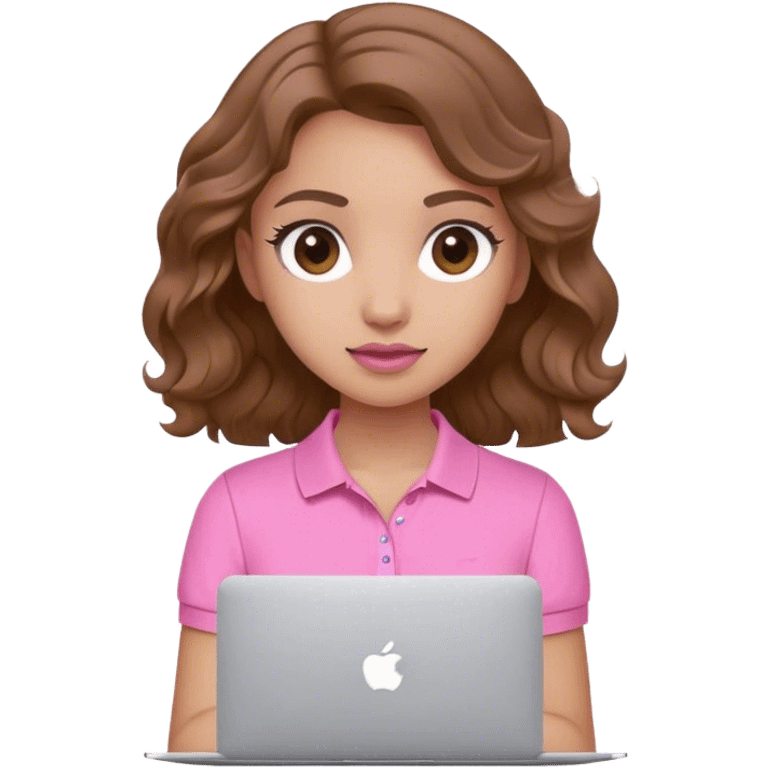 Chica cabello marrón ondulado, test trogueña, polo rosa y MacBook rosada  emoji