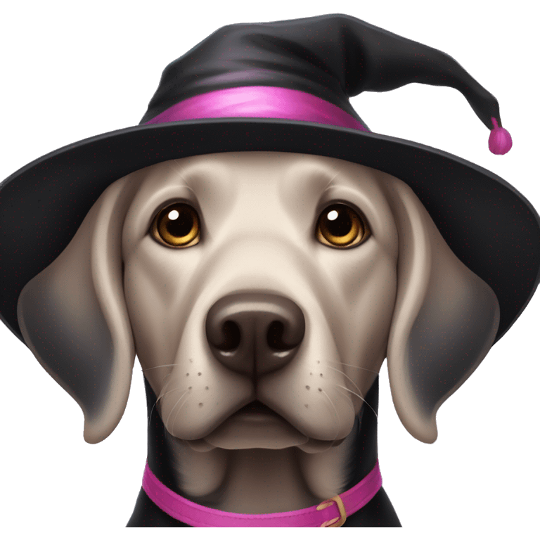 Black Labrador wearing black and pink witch hat emoji