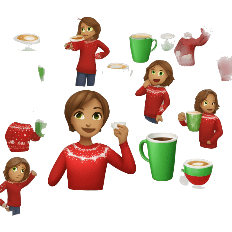 Light brown short haired girl with green eyes drinking coffee wearing red Christmas sweater emoji