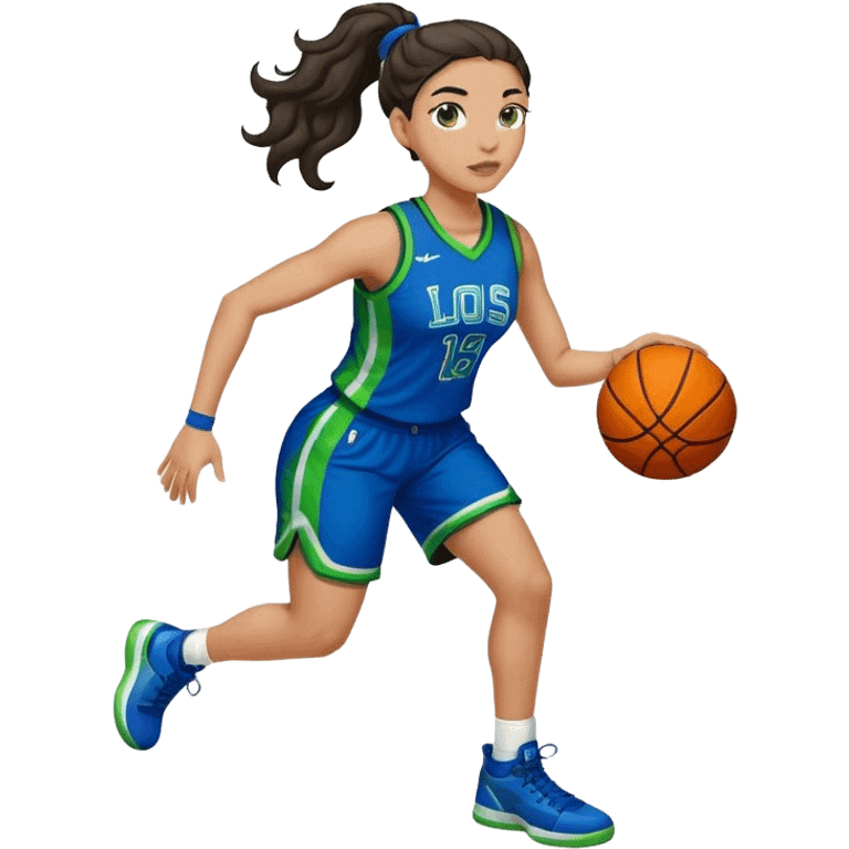 full body plus size light skin latino women basketball player with wavy dark hair in pony tail wide nose wearing blue uniform with green accent emoji