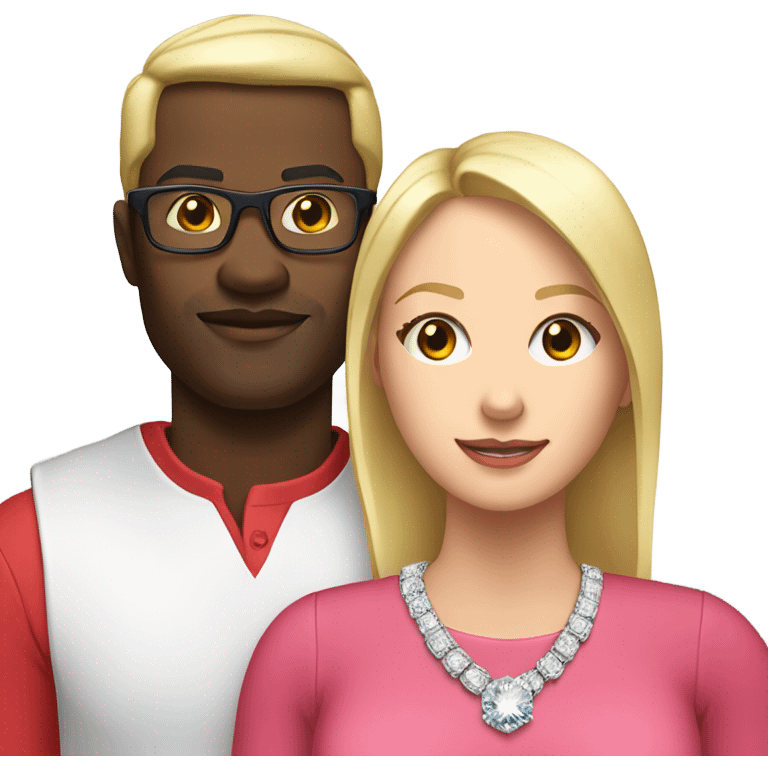 black man with glasses and wearing a red shirt next to a blonde white woman wearing a pink dress and a big diamond necklace emoji