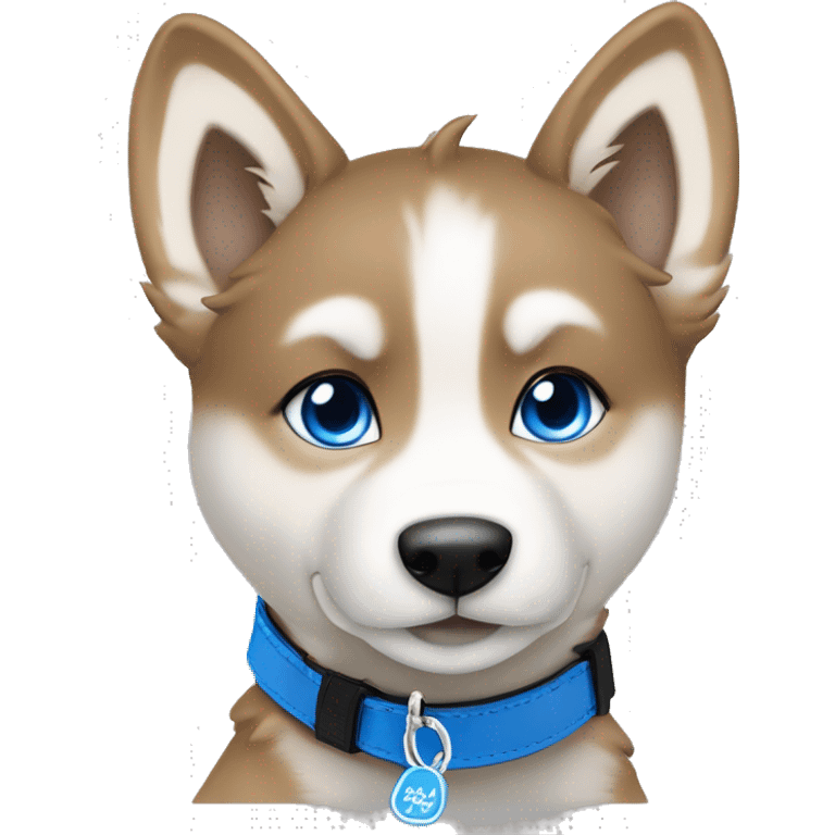  Caramel Frappe Brown husky puppy sitting head tilted gazing at viewer with blue eyes with metallic blue bone as on black collar tag emoji