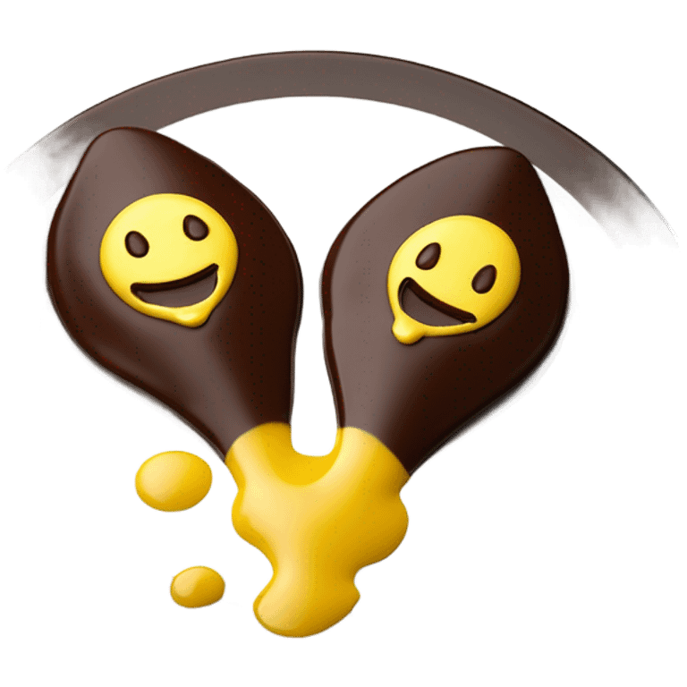 1 Chocolate quenelle and 1 vanilla quenelle on a fine dining glass plate with 3 small drops of yellow sauce as decoration emoji