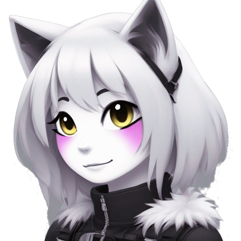 Gorgeous furry dark punk techwear anime style anthro black cat fursona with blushing face aesthetic and pretty edgy black with collar and harness trending style emoji