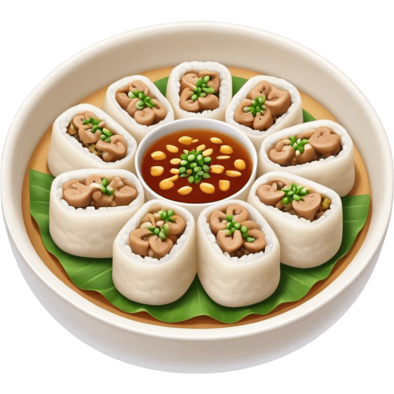 Cinematic Realistic B√°nh cu·ªën Dish Emoji, featuring steamed rice rolls filled with savory minced pork and mushrooms rendered with soft textures and inviting, warm lighting. emoji