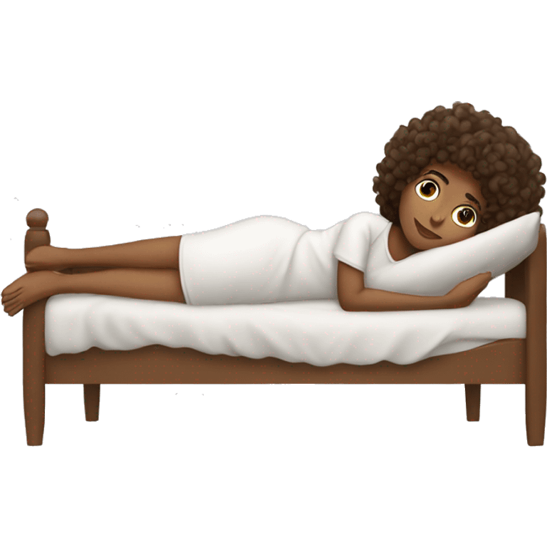 Brown girl with curly hair laying down resting head in bed emoji