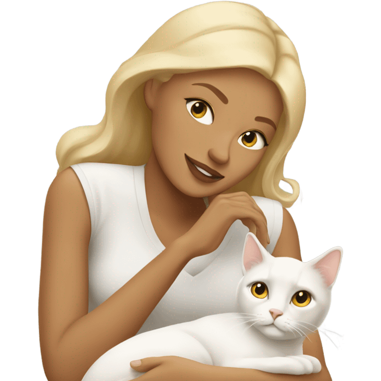 blonde woman with tan skin laying down with white cat emoji