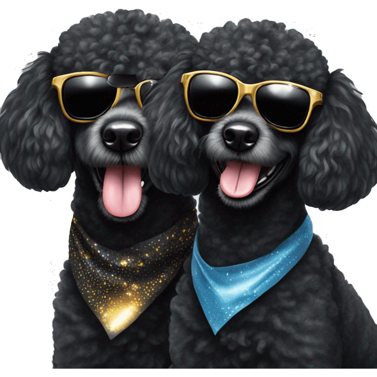 Two BLACK poodles wearing sparkling sunglasses with a big smile. Also with a bandanna around its neck. Both Dogs needs to be all black emoji