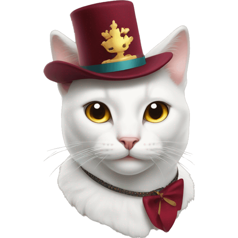 
white cat with a New Year's burgundy hat on his head and a collar emoji