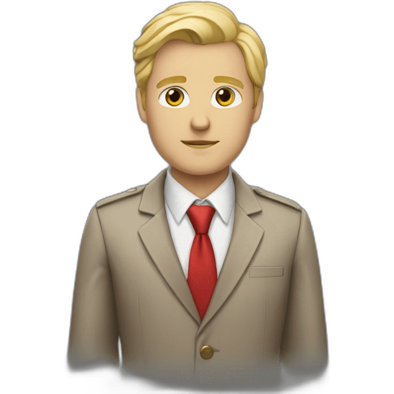 Boss, white skin, blond hair, brown eyes, jacket with red tie emoji