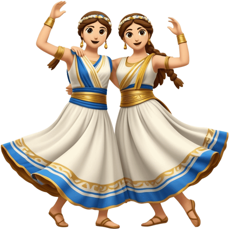 Cinematic Realistic Sirtaki Dance Emoji, depicted as a vibrant traditional Greek dance scene with flowing movements and expressive costumes, rendered with dynamic textures and warm festive lighting that captures its cultural exuberance. emoji