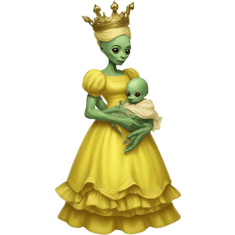  Reptilian alien woman, full body, in victorian jellow elegant dress, have a crown,holds a newborn humman baby emoji