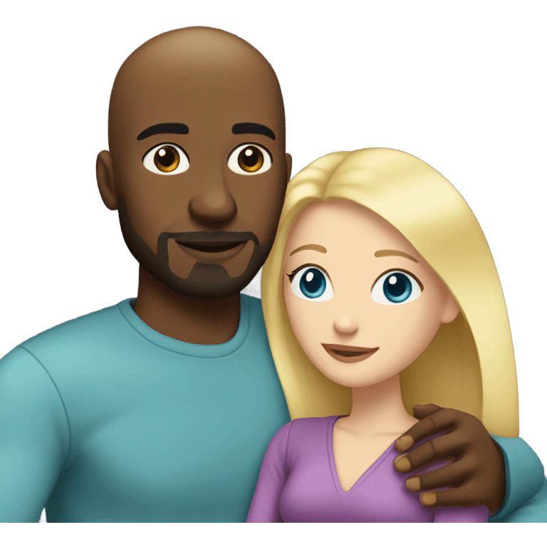 Blonde woman with blue eyes and long straight hair and black man who is bald with a goatee seated together on a sofa enjoying a passionate embrace.   emoji