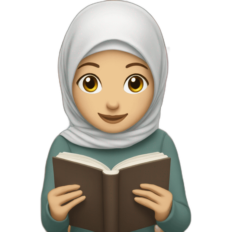 White girl with hijab reading a book and smiling in the library emoji