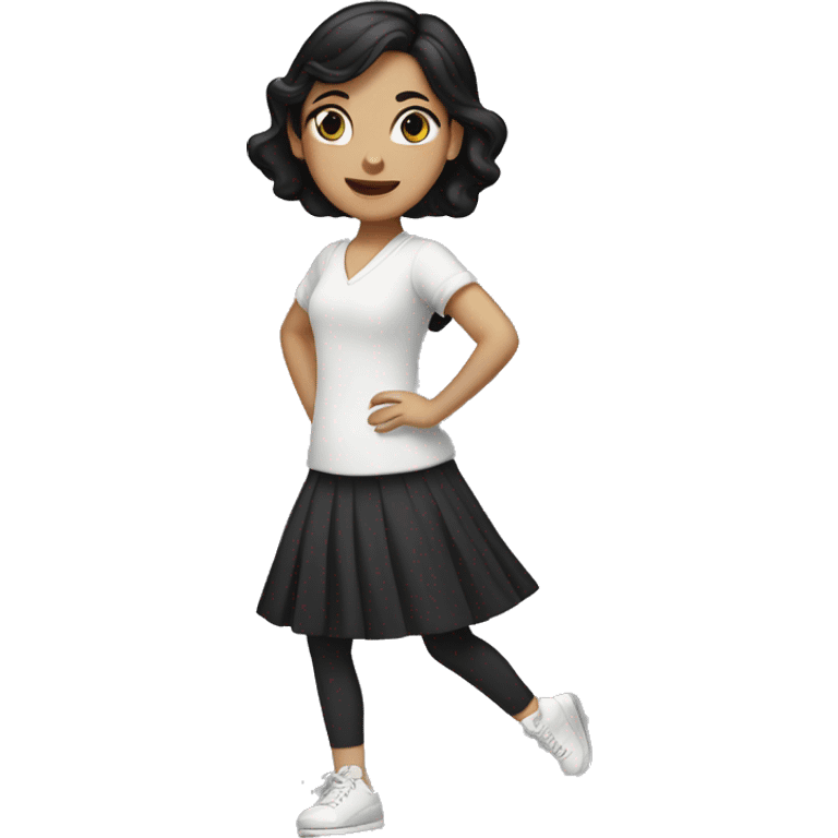 A white girl with black hair doing a curtsy emoji