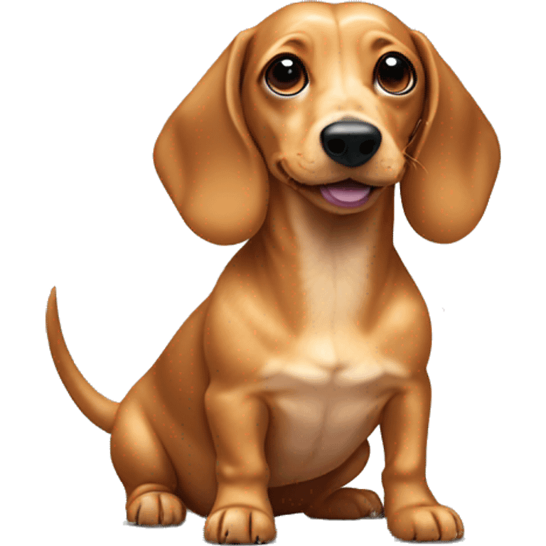 golden short-haired weiner dog with one spot along chest and white spots in paws emoji