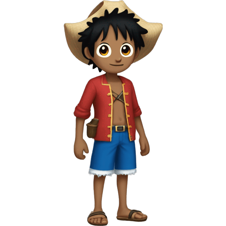 A boy named Luffy is a pirate with black hair red jacket with no shirt underneath with sandals and blue shorts emoji