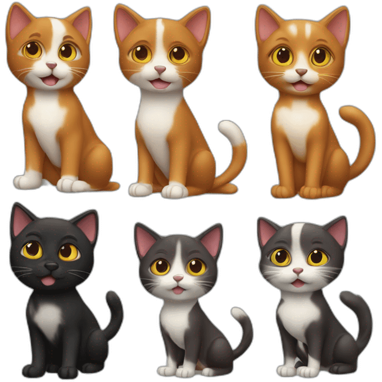 Un chien marron, un chat noir, un chat nougat, un chat roux emoji