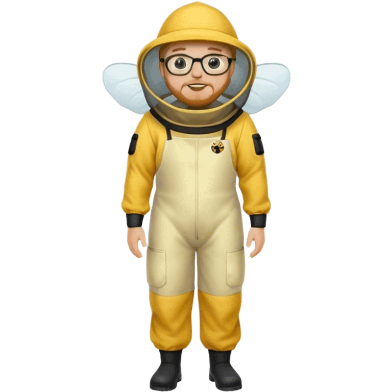 full body medium plus size male bee keeper in yellow and black with short light strawberry blonde hair and goatee wearing glasses with bee keeper hat emoji