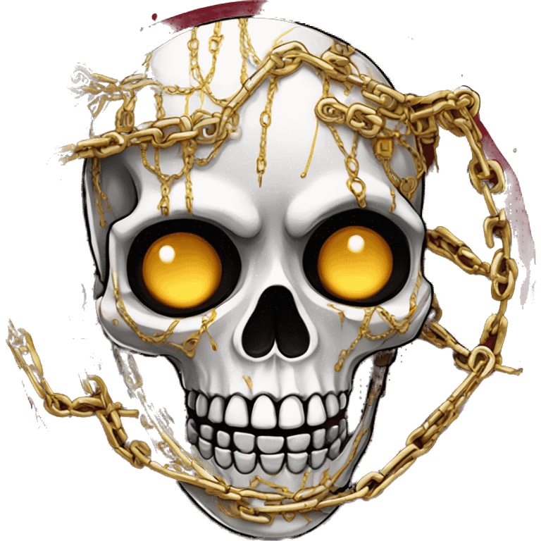 White skeleton zombie covered in golden chains and black graffiti scribbles and red and silver doodles emoji