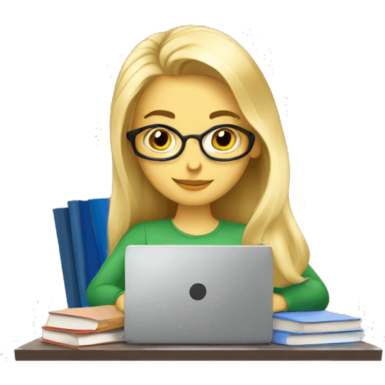 Blond beautiful girl studying with laptop and books emoji