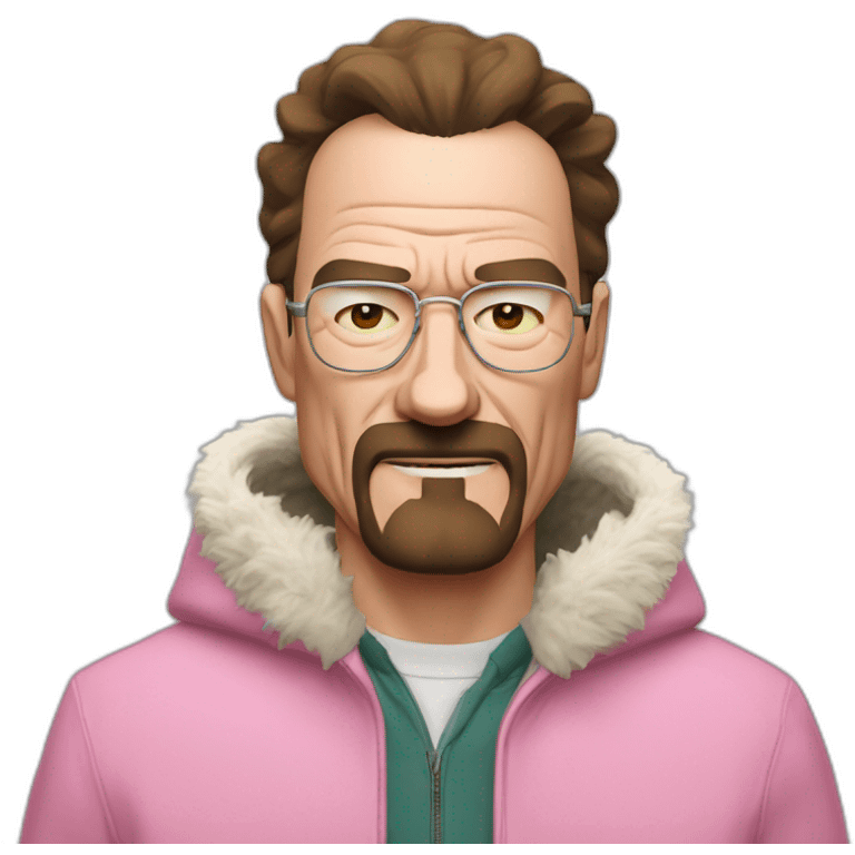 walter white wearing a pink wolf furry suits, His cheeks reflect a slight blush, expressing a reaction mixed with excitement and embarrassment. emoji