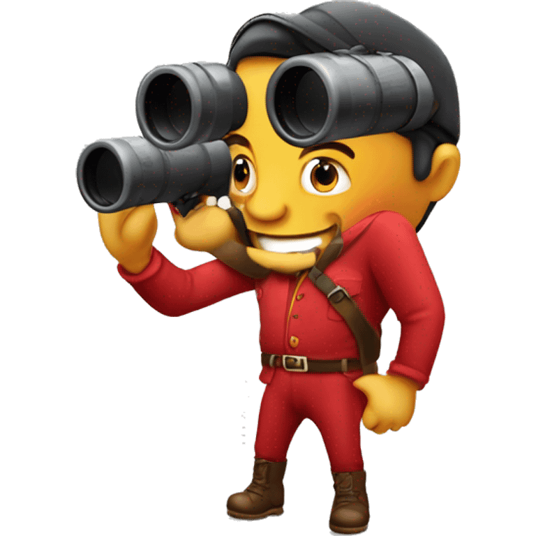 hombre de polo rojo con binocular agarrandolo con las manos emoji