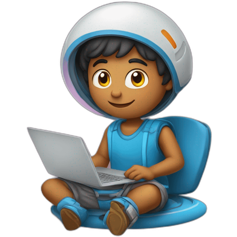 Indian boy with this laptop sitting on saturn emoji