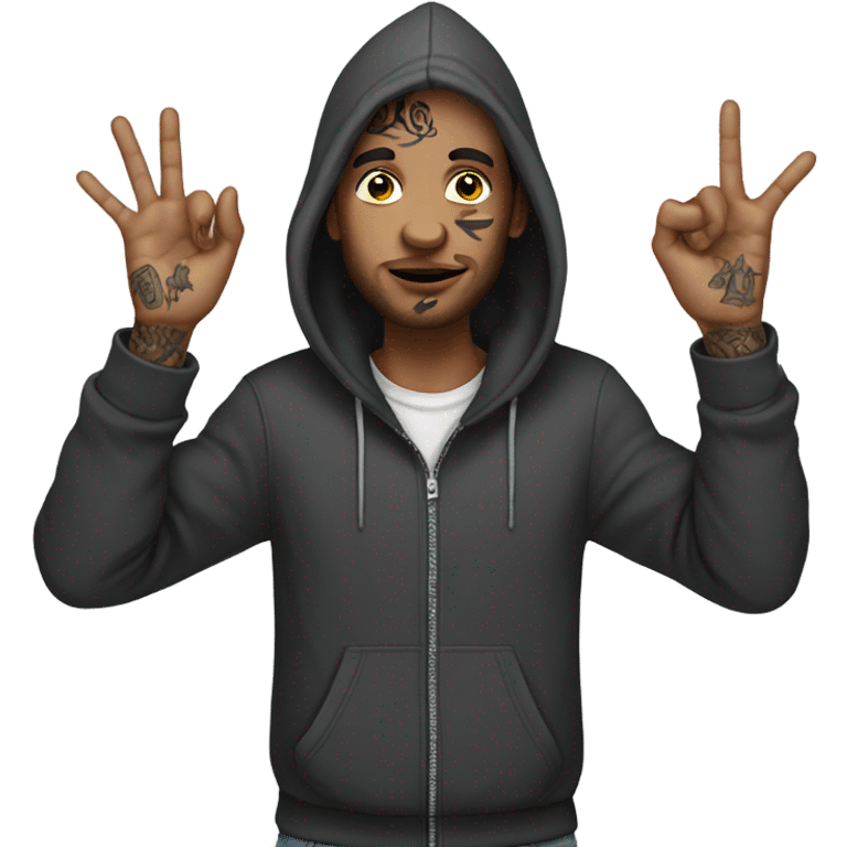 Guy wearing a hoodie holding up 4 fingers up and face tattoos  emoji