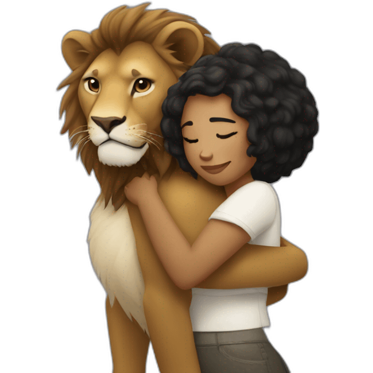 White skin black short hair girl hugged by big lion emoji