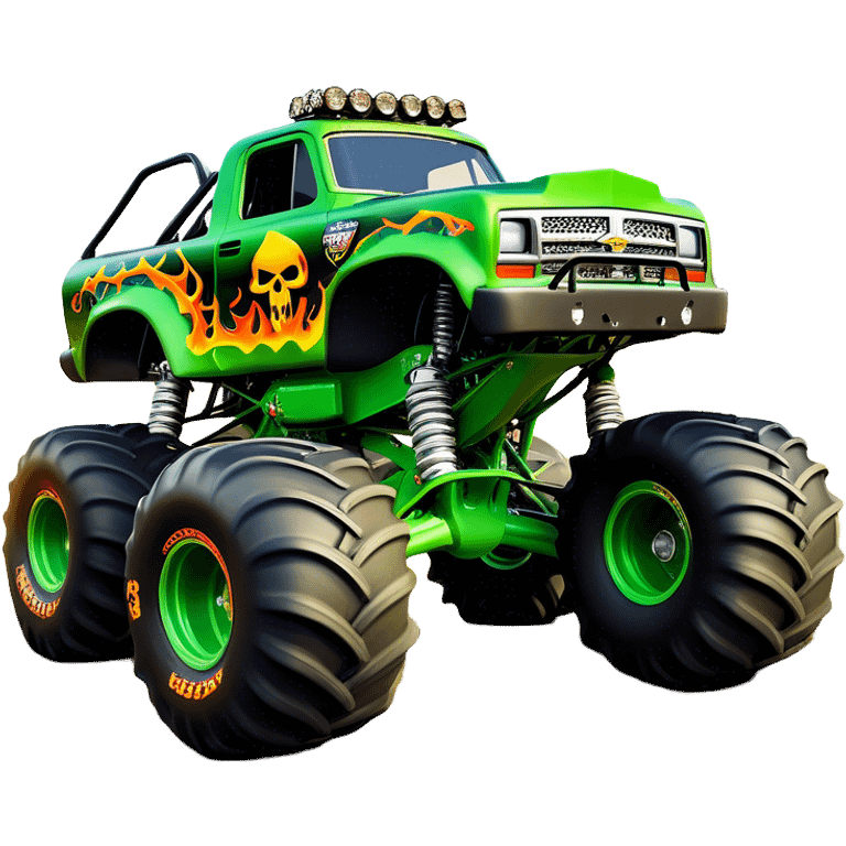 Grave Digger - Monster Jam (Model Year: 2022) (Iconic colour: Green with flames) - A legendary monster truck with a fearsome design: predominantly deep green with dynamic, vibrant flame graphics in bright orange and yellow. Highlight its rough, edgy bodywork and an aura of untamed rebellion. emoji